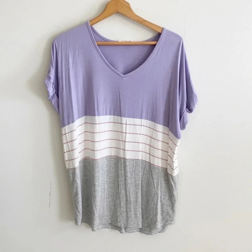 Boutique lime & chili purple v-neck colorblock stripe short sleeve top size L